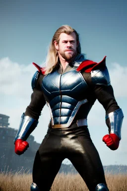 retro portrait image from 1960, sky background, wind, long blonde hair, fighting stance, young Chris Hemsworth, shave face, black dress, classic long tight lycra black suit, red cape, gold bracelet and belt, high boots, soft color, highly detailed, unreal engine 5, ray tracing, RTX, lumen lighting, ultra detail, volumetric lighting, 3d, finely drawn, high definition, high resolution.