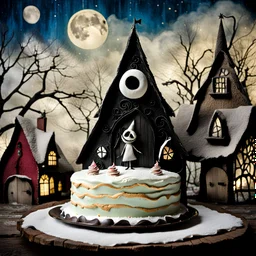 Folk art photograph, Nightmare before Christmas made of cake-frosting and felt, village, Max Ernst, neutral natural colors, mixed media