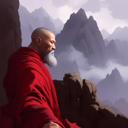 Portrait of a monk, red robe, mountain background, fog, face front, grimdark, Frank Frazetta, Greg Rutkowski, hyperdetailed, dnd, trending on Artstation, Splash screen art, dynamic lighting, hyperdetailed, intricately detailed, a masterpiece, 8k resolution, high contrast, bearded,