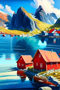 realistic painting of a village in Norway. Lofoten island. Red wooden houses. Water, lake, mountains, blue sky