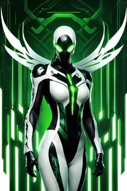 Cyborg symbiote, white color, green color, tendrils, high tech, cyberpunk, biopunk, membrane wings, carbon fiber, cyber tentacles, and the other two.