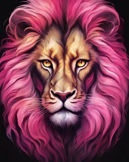 Fascinating dark fantasy illustration, strikingly capturing the essence of a lion's face split in half. To one side, a majestic and ferocious lion looks out, its golden mane contrasting with the surrounding darkness. On the other side, the face of a cat. Background vibrant pink colors and deep blacks, enigmatic, captivating atmosphere, disturbing and intriguing composition