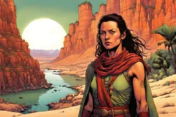 create a full body portrait of a fair skinned female nomadic tribal mercenary with highly detailed, delicate feminine facial features, inhabiting an ethereal tropical canyon land in the comic book style of Jean Giraud Moebius, David Hoskins, and Enki Bilal, precisely drawn, boldly inked, with vibrant colors