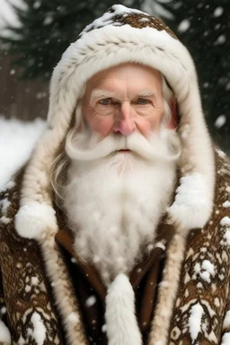 santa with white beard in leopard jacket in snow