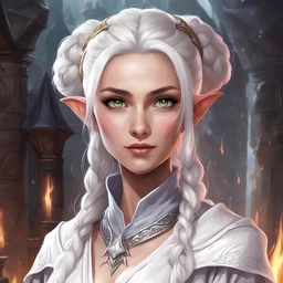 dungeons & dragons; video game; female; sorceress; silver eyes; silver-white hair; braided bun; young; mage robes; long veil; teenager; halo background; pretty; half-elf; cute; blush; welcoming; elegant clothes
