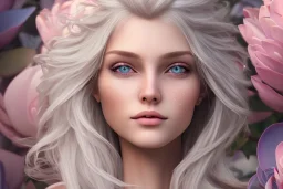 femme long cheveux blond blancs grands yeux bleus , 8k resolution, flower magnolia lotus rose, beautiful portrait, 8k resolution, flower head and body, beautiful star