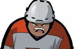 Calvin and Hobbs cartoon of an angry Calvin pouting with head down wearing a hockey helmet, line art cartoon