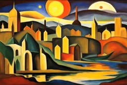 A surreal city with rivers, arches and domes by artist "Arthur Garfield Dove",by artist "Leonora Carrington",by artist "Emil Nolde"