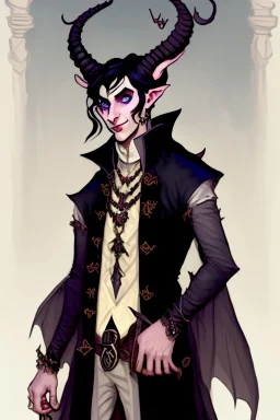 Young tiefling nobleman alchemist with black hair horns and large reptilian tail gothic jewelry and potion bottles in the style of Charles Addams