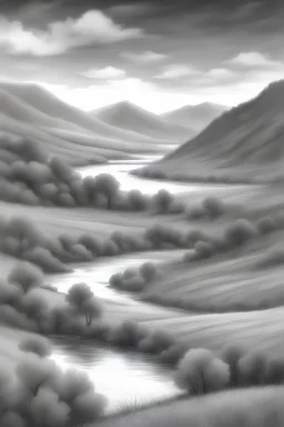 "Generate an AI landscape art using a charcoal pencil effect. Picture a serene scene with rolling hills, a winding river, and a majestic sunset. Capture the soft textures and atmospheric depth, evoking the timeless charm of a traditional charcoal sketch."