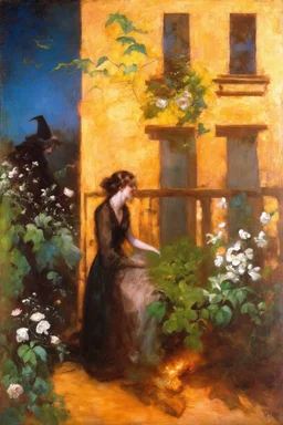 One woman, flowers, vegetations, gothic horror films influence, creepy, depressive, gloomy, witch influence, arnold bocklin, and henry fuseli paintings