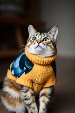 cat wearing a bird sweater