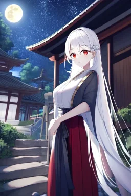 girl, masterpiece, best quality, cinematic lighting, detailed outfit, vibrant colors, perfect eyes, white hair, very long hair, braided ponytail, red eyes, hakama, shrine, moon, starry sky, plants, stone walkway, lamppost, butterflies,