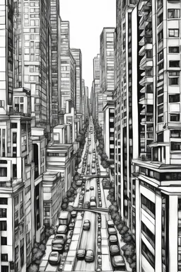 Reverse coloring pages for adults oil painting of a cityscape with tall buildings and busy streets, style=oil painting, no outline