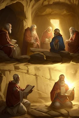 Several Christian priests of the 1st millennium AD are holding Hebrew scrolls of Holy Scripture in their hands and actively arguing. They are in a cave illuminated from above by a penetrating beam of light. The image is in high quality in 8k