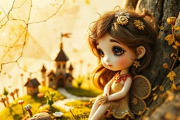 closeup, double exposure, merged layers, golden patina, corrosion, topographic lines, needle felt mohair cute chibi fairy princess, fairy village, watercolor and charcoal S<AI in sunshine