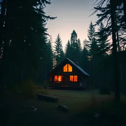 20mm lens matte shot of a cabin in the woods, golden hour, 8k resolution