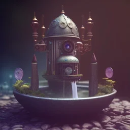 a tiny fairy fountain, scary, steam punk, realistic, made in octane, cinematic, ultra-realistic, extremely detailed octane rendering, 8K, VRAY Super Real ar 2:3, dof photorealistic futuristic 50mm lens hard lighting dark gray tintype photograph, realistic lighting, sepia color