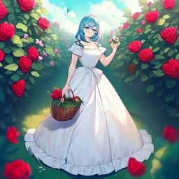 gorgeous anime girl wearing a yellow and white dress ,standing in a meadow of flowers, spreading rose pedals on the ground. beautiful eyes and a stunning smile, blue eyes, two blue eyes, perfect nose and rosy cheeks and red lips. girl is holding a basket with flowers in it