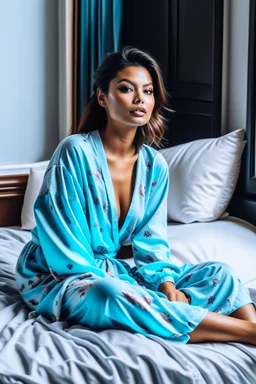 a supermodel in designer sleepwear sitting on bed for magazine cover photoshoot