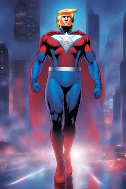 Donald Trump as 'Maga Man,' Extremely Muscular, Skintight, formfitting, red, white-and-blue bodysuit, blue cape, silver boots, Multicolored vortex, neon lit futuristic cityscape, mist, fog, speed, extremely overexaggerated musculature, "MAGA MAN"