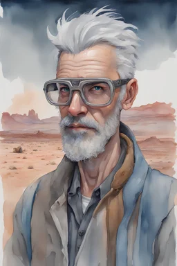 saturated Watercolor paint of strange good man, 30 year old, blu eyes, prescription glasses, gray hair, gray beard, dressed as a cyberpunk explorer of the desert in the style of Elik Bilal. Around the man there is a strange kind of objects