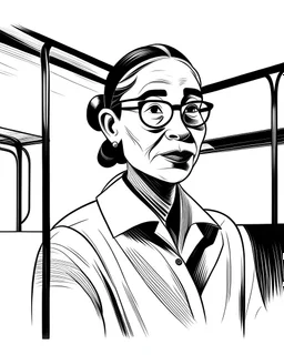 simple outlines art, bold outlines, clean and clear outlines, cartoon , no color, no shadow, no grayscale white background, young Rosa parks sitting in a bus