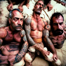 close up 35mm lens, top view of three gipsy prisoners 45 years old sleeping laying down inside a dirty jail, ugly, bullneck, strong beefy, in tank top, manly chest, tattoo, misery and poverty, photorealistic, ultradetailed, 32keyes