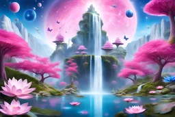 wanderful fairy and cosmic panorama with blue sky, pink trees,, big waterfall in the lake, lotus flowers, butterfly, spaceships