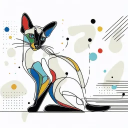 Create an abstract, minimalist Oriental shorthair Siamese cat using continuous line art. The Oriental shorthair Siamese cat is stylized and simplified to the most basic forms, with exaggerated features. adorned with splashes of primary colors. The background should be clean and mostly white, with subtle geometric shapes and thin, straight lines that intersect with dotted nodes and overlap the figures. The overall aesthetic should be modern and artistic.