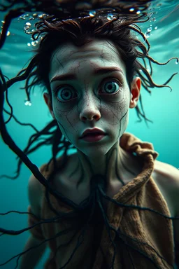Underwater, closeup siren with big eyes, ragged clothes, fullbody, his skin translucent, black veins that extended like roots, 8k,macro photography,