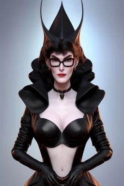 Carmen Dell`orifice as evil queen in black leather, leather, busty, cleavage, angry, stern look. character design by cory loftis, fenghua zhong, ryohei hase, ismail inceoglu and ruan jia. unreal engine 5, artistic lighting, highly detailed, photorealistic, fantasy