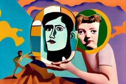 giant mobile phone with earth on the screen and small man with head inside it in the style of Eileen Agar