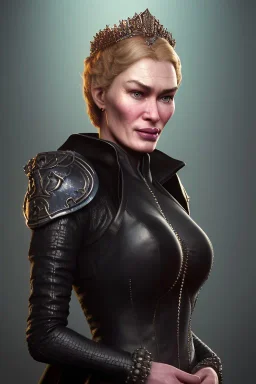 Cersei Lannister as evil queen in black leather, busty, cleavage, curvy, lena headay, angry, stern look. character design by cory loftis, fenghua zhong, ryohei hase, ismail inceoglu and ruan jia. unreal engine 5, artistic lighting, highly detailed, photorealistic, fantasy