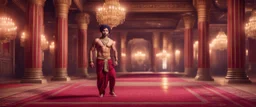 Hyper Realistic handsome Young shirtless muscular short hair Indian king Dancing in a traditionally beautiful Indian palace with traditional pillars with small fancy chandeliers & beautiful maroon carpet at night