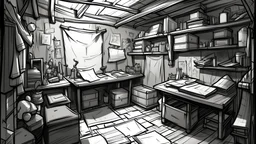 manga sketch drawing of a dark stony wall room, a lot of items and tools