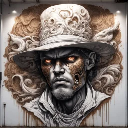 A meticulously detailed street art mural reveals a man wearing a hat, influenced by both horror manga aesthetics and Zbrush digital techniques. The artwork is drenched in white and bronze shades, and the multilayered composition is highlighted by a strong backlight, ensuring a sharp and vibrant visual impact.