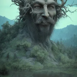 Ancient elemental power God El of earth flowing trees spiritual blissful inspiring mountains Great mud , dirt rock halo around head