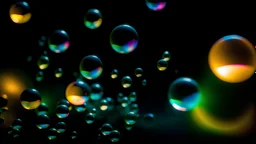 Lots of pale rainbow-colored transparent soap bubbles floating in the dark.
