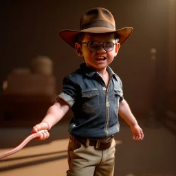 Indiana Jones toddler, full body, whip, dramatic lighting, hyper realistic