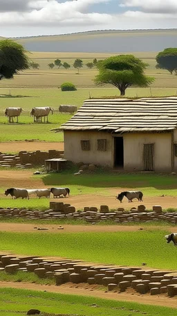 mud houses, farm land, farmers grazing