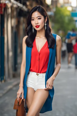 full body of a gorgeous Asian model in her 20's, slight smile, slender, large bust, with brown eyes, long straight black hair, red lips, small earrings in her ears, in a sleeveless, v-neck blue shirt, face is soft and detailed,pretty high heels,standing in street,fashion pose.