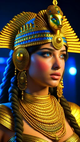 Cleopatra, ((masterpiece)), (ethereal beauty:1.3), iconic asp headpiece, (historically accurate attire:1.4), kohl-lined eyes, (intricate gold jewelry:1.3), UHD, 64K, hyperrealistic, vivid colors, atmospheric godrays, (glow effects:1.2), 3D octane render, trending on Artstation, 8K resolution, cinema 4D, Blender, throne room background with hieroglyphics, HDR depth, 4K ultra detail, commanding regal aura