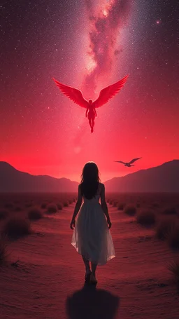 A beautiful girl walking with an alien both their hands on both shoulders from rear view , they are walking toward a an red Angel appears ilanding in a distance ,in romantic themes in the background is a vivid red sky stars and milky way galaxy and the lighting creates a dramatic and otherworldly atmosphere