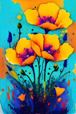 California Poppies. Colored ink, poured and spattered, on paper, center on canvas, clear margins, hd, 8k, sharp focus