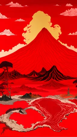 A red kingdom near a volcano designed in Chinese paper art painted by Andy Warhol