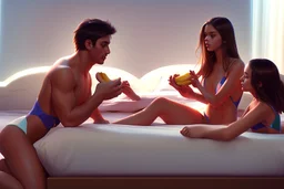 Digital painting of dad and two beautiful young teenage girl in a swimsuit on a bed. eating a banana. with dad, artstation, 8k, extremely detailed, ornate, cinematic lighting, vivid. wrestling