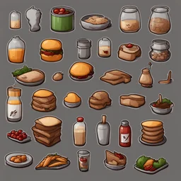 Sprite sheet, food icons, survival game, gray background, comic book,