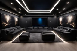 a black themed dedicated home cinema room with LED ambient lighting in the walls make sure the room is completely symmetrical