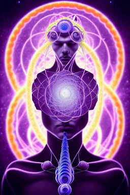 Spiritual being with Tentacles over human Head creating reality around, wrapping Spiral around Human, Psychedelic